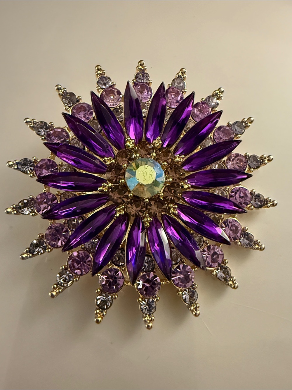 Gold-Tone Purple Crystal Starburst Brooch Pin - Women Jewelry
